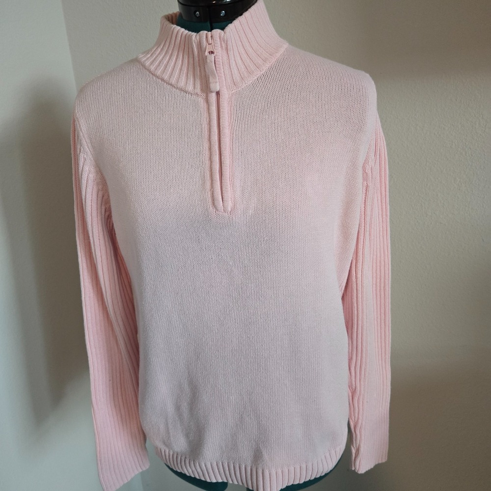 St Johns Bay Womens 1/4 Zip Pink Sweater Sz Large Stand Collar Ribbed Sleeves